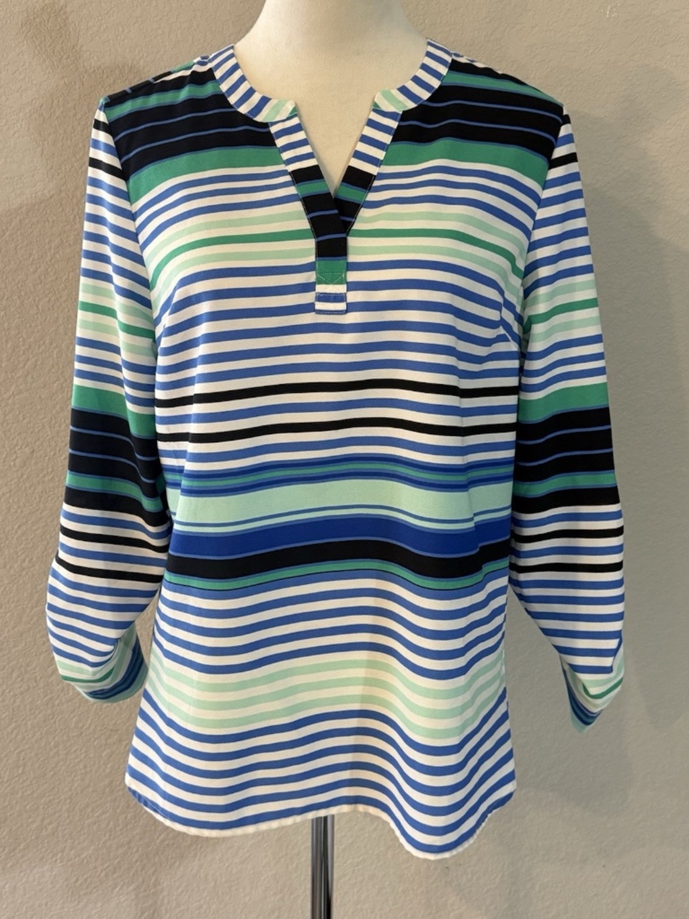 Talbots Womens Petite Medium Blue White Striped V-Neck Blouse Roll Tab Sleeves